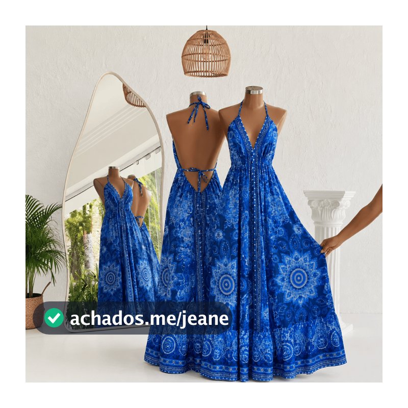Vestido Indiano Longo Femenino Costas Nua Frente Única Com Amarração no Pescoso MODA VERÃ0 Saída de Praia  Varias Cores