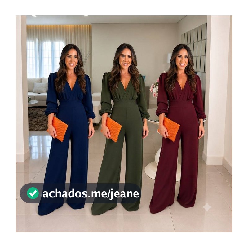 MACACÃO FLEER Feminino Pantalona Manga Longa Decote Transpassado Elegante