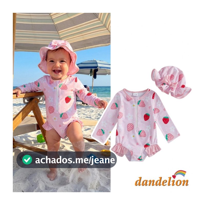 Maiô Infantil Com Proteção Contra Queimaduras , Manga Comprida , Estampa De Morango , Roupa De Banho Chapéu De Sol