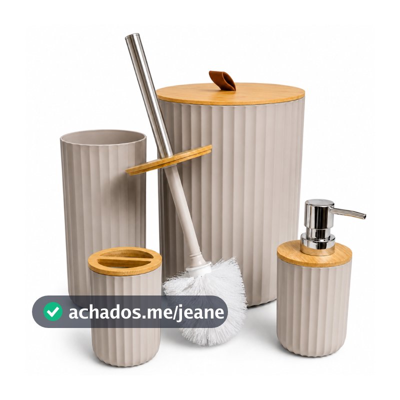 Kit Lavabo Banheiro 4 Peças Lixeira 6,5L Tampa de Bambu Escova Sanitária Dispenser e Porta Escovas