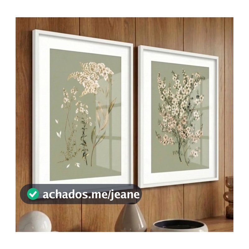 Kit 2 Quadros Decorativo - Floral Verde Sálvia Moderno Moldura e Vidro Sala Quarto Hall Corredor 40x60