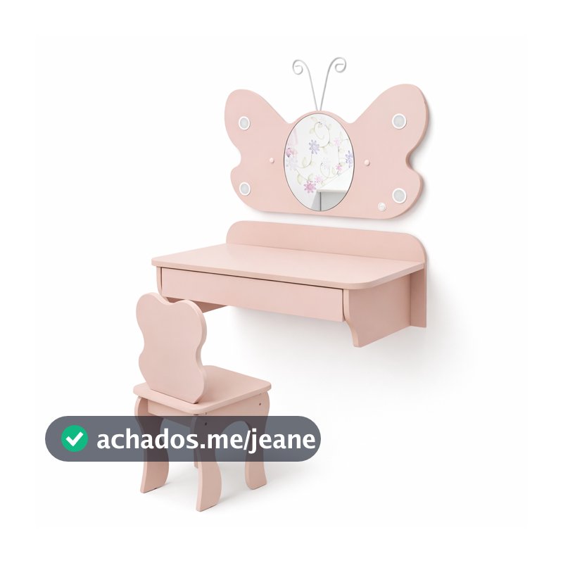 Penteadeira Infantil Em MDF Iluminação LED Embutido Espelho Banqueta Inclusa Criança Quarto Rosa