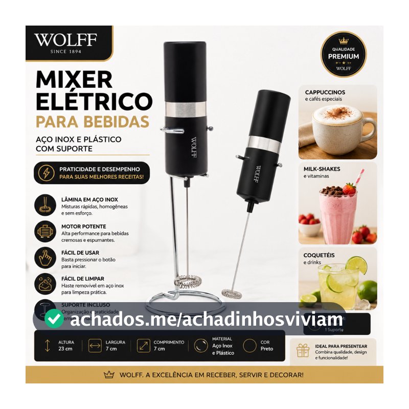 Mixer para Bebidas de Aço Inox e Plástico com Suporte - Wolff