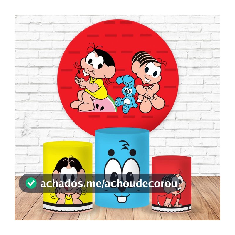 Kit Capa para Painel Redondo + 3 Capas para Cilindro P M G Tecido Sublimado Turma da Mônica Festa Aniversário