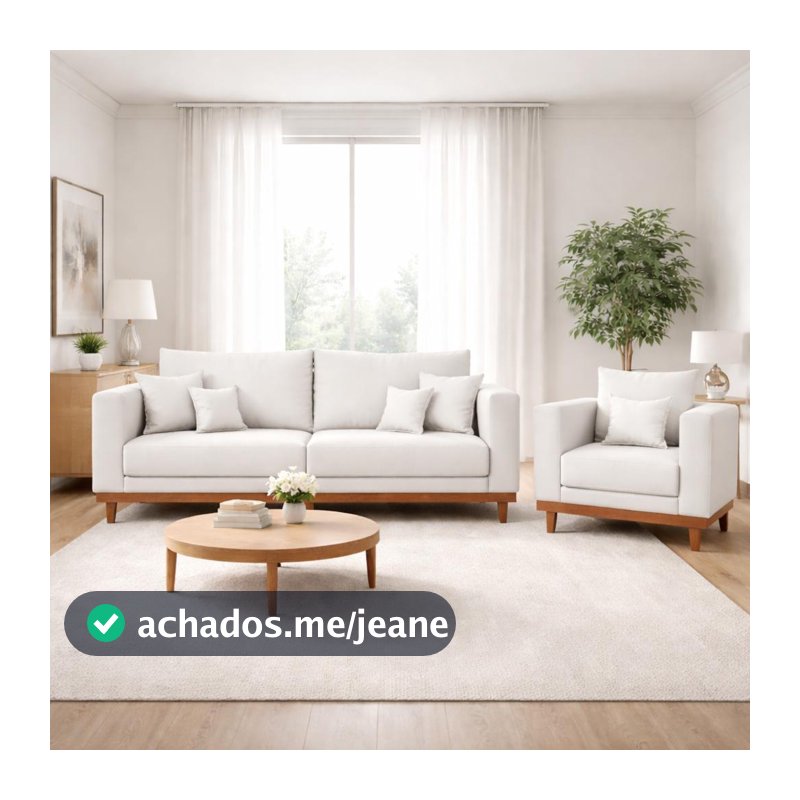 Kit Poltrona Living + Sofá 2 Lugares com Base Madeira Linho