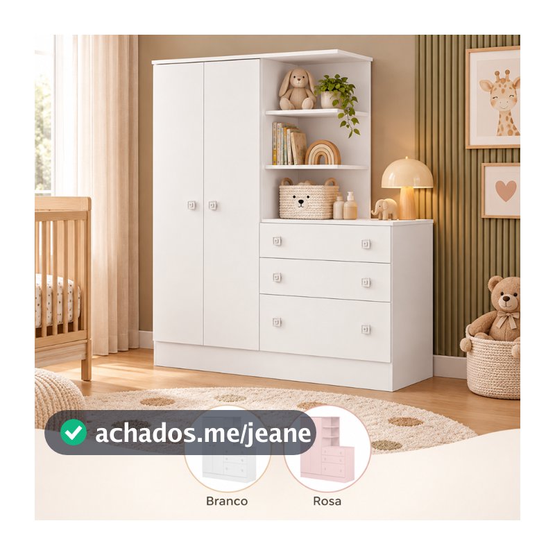Guarda Roupa Infantil com Cômoda 3 Gavetas Quarto de Bebê Doce Sonho MDP Qmovi