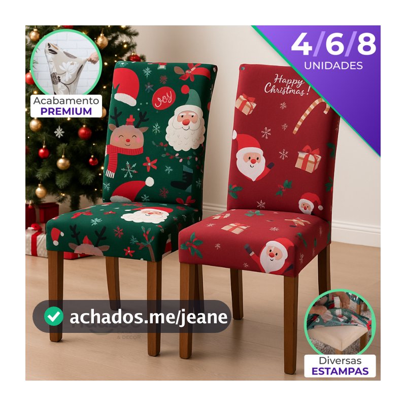 Capa de Cadeira Natalina Tecido Resistente | 2 4 6 Lugares Mesa Jantar | Kit Decoração Natal Casa Acabamento Reforçado
