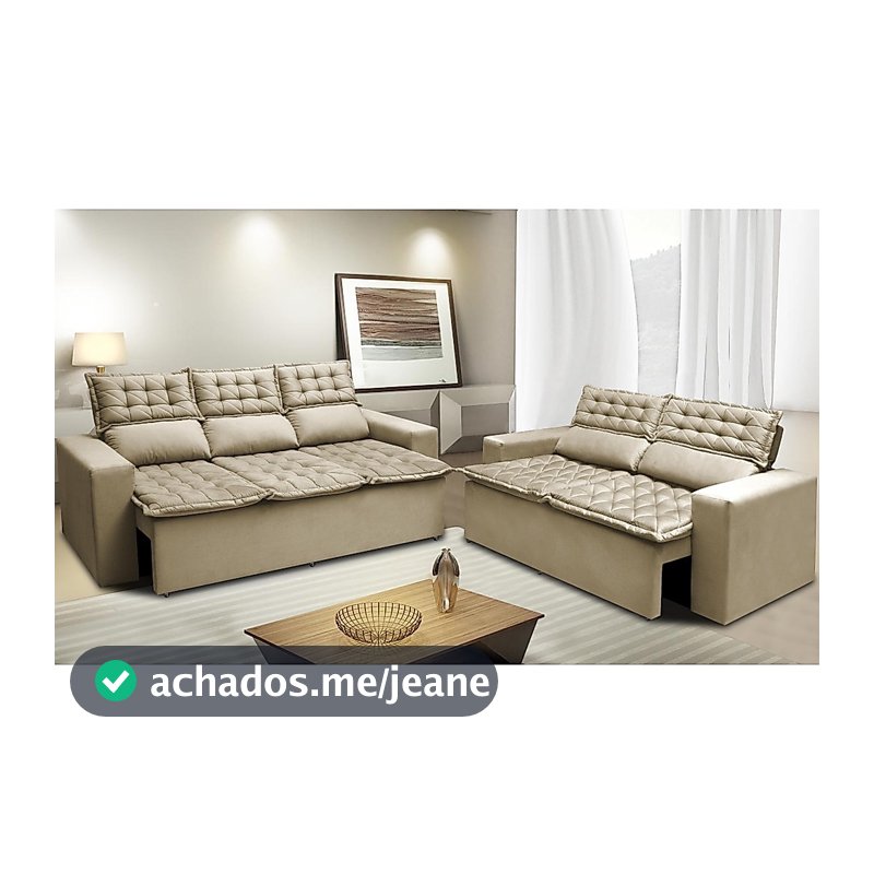 Conjunto de Sofá 3 e 2 Lugares Retrátil e Reclinável Cama inBox Slim 2,00x1,50m Velusoft Bege