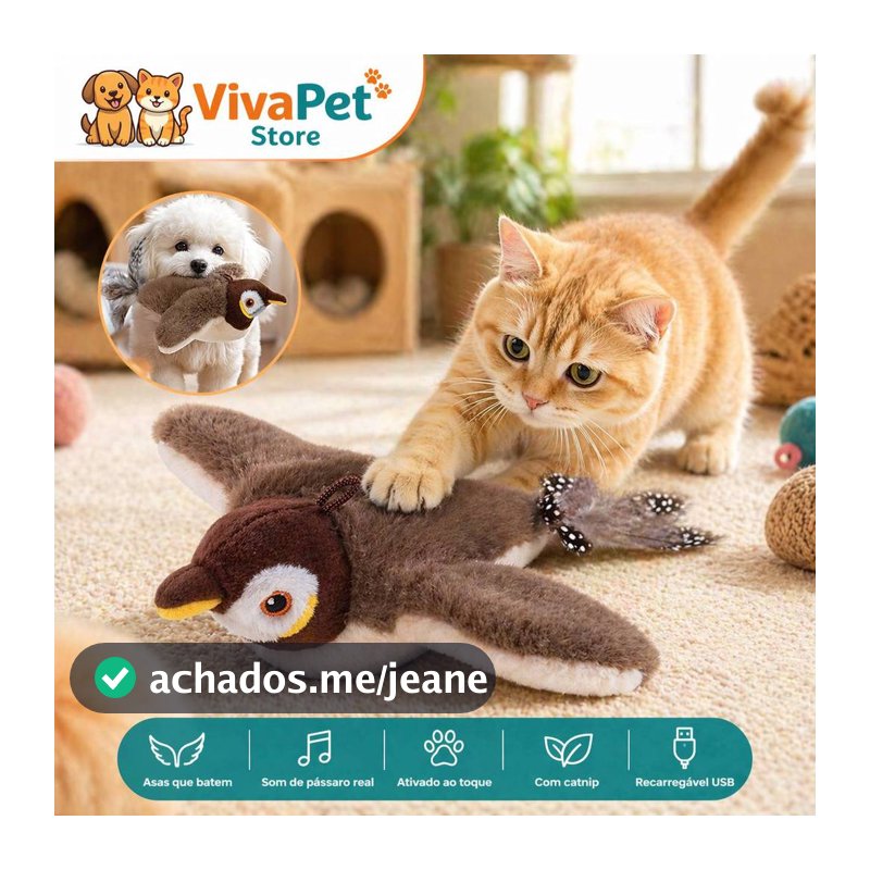 Brinquedo Interativo para Gato Pássaro Eletrônico com Som e Movimento USB Recarregável com Catnip