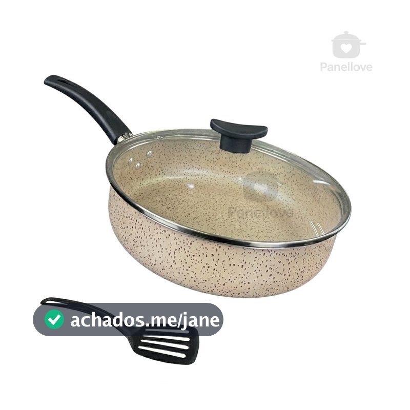 Frigideira Antiaderente Alta Funda 18 cm Teflon Tampa de Vidro e Espátula Cor Vanilla Bege Marrom