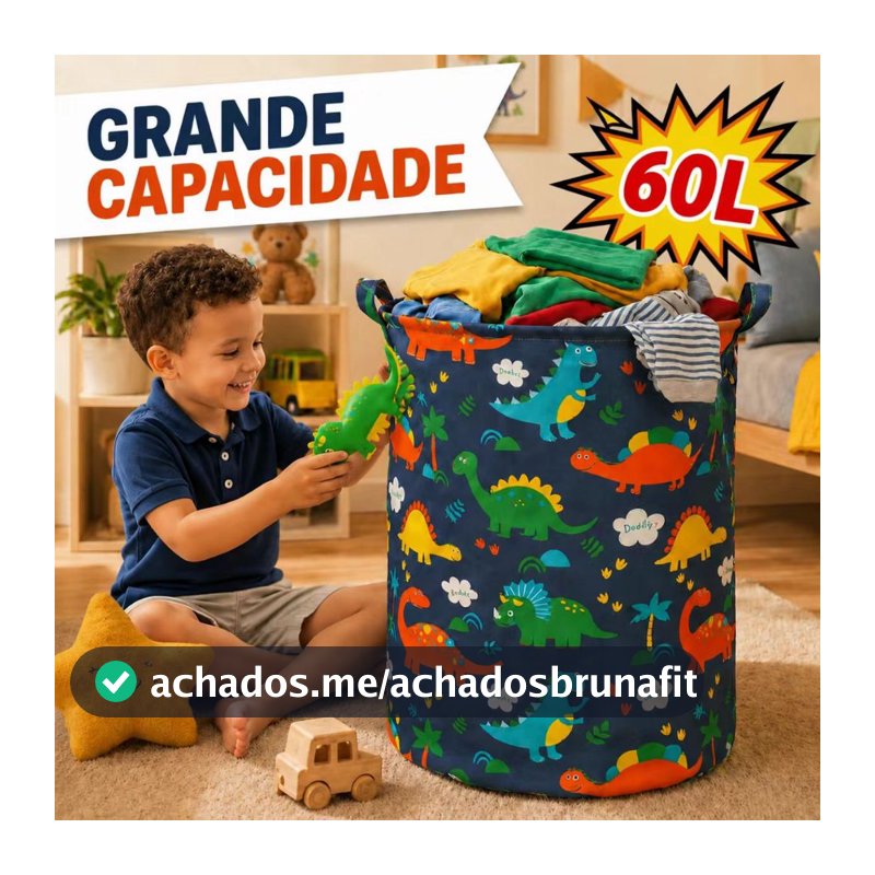 Cesto Organizador de Roupa Suja Infantil Dinossauro 60L Grande Capacidade para Brinquedos Lavanderia Banheiro