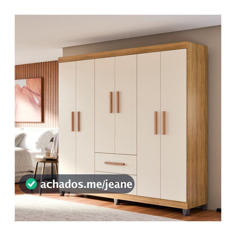 Guarda Roupa Casal Lite 6 Portas 2 Gavetas Cabideiro Prateleiras MDF Multiuso Para Quarto Infantil