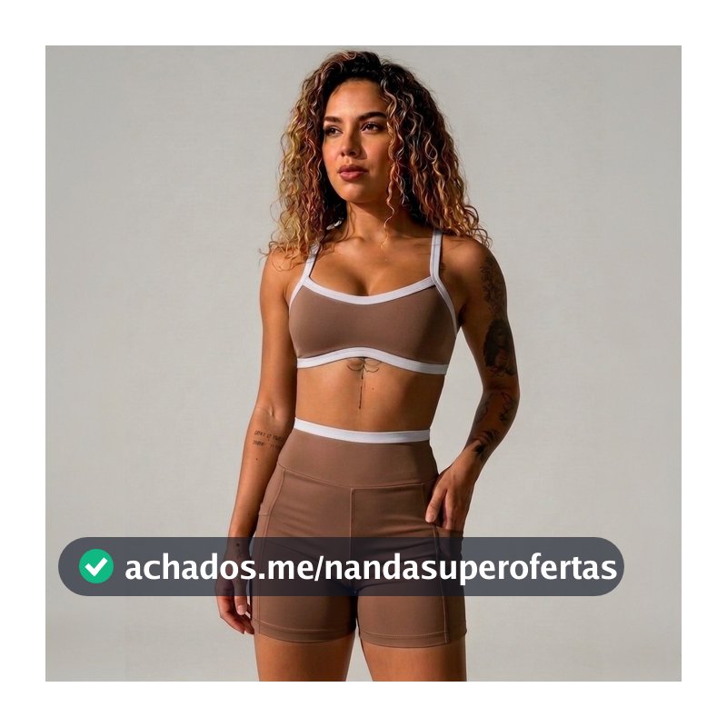 Conjunto Fitness Poliamida Premium Top Biquini e Shorts com Bolso Cós Alto Sem Transparência