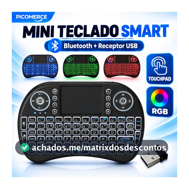 Mini Teclado para Smart TV e TV Box Bluetooth com Touchpad RGB e Receptor USB PC Notebook
