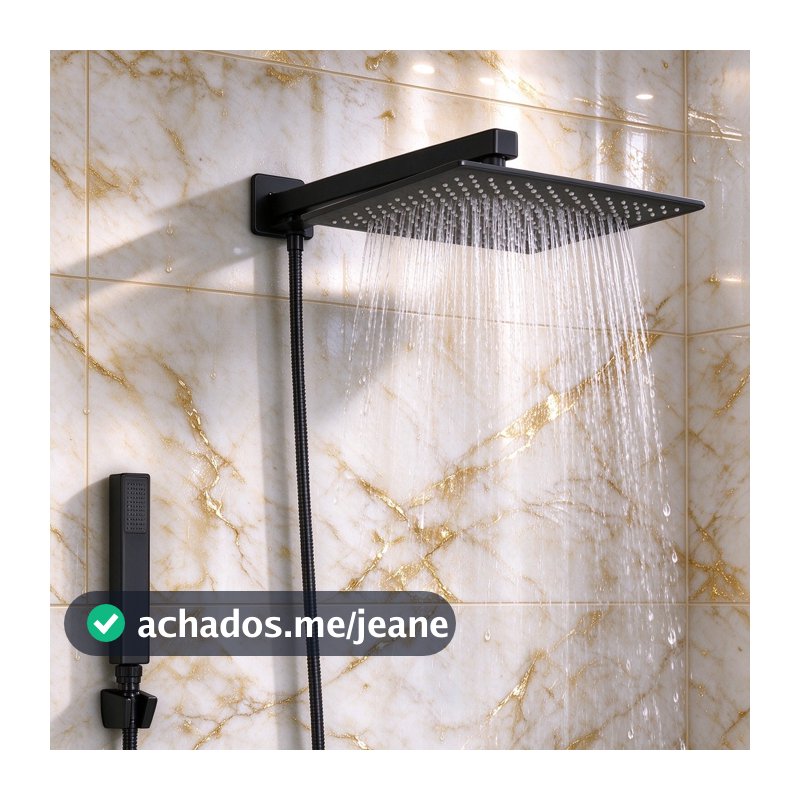 Kit Chuveiro Quadrado 20x20cm Inox Preto, Ducha Manual + Mangueira 1,5m, Banheiro Luxo