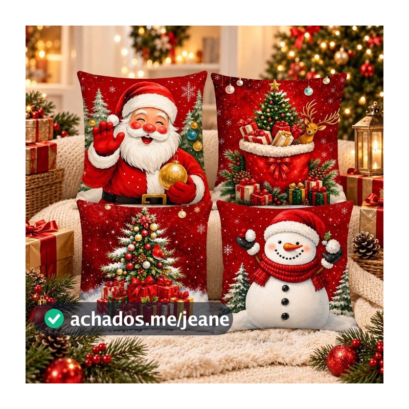 Almofadas Decorativas de Natal Kit 4 Capas Papai Noel Feliz Natal 45x45 cm