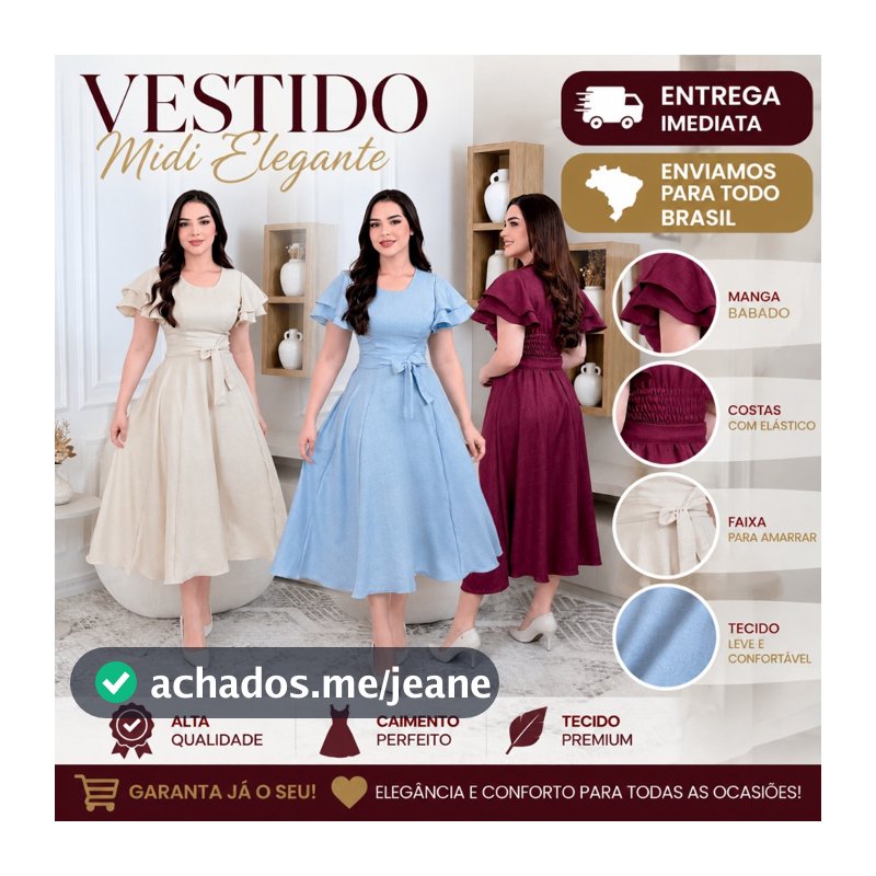 Vestido Feminino Midi Elegante Manga Babado com Faixa na Cintura | Moda Evangélica Casual Social