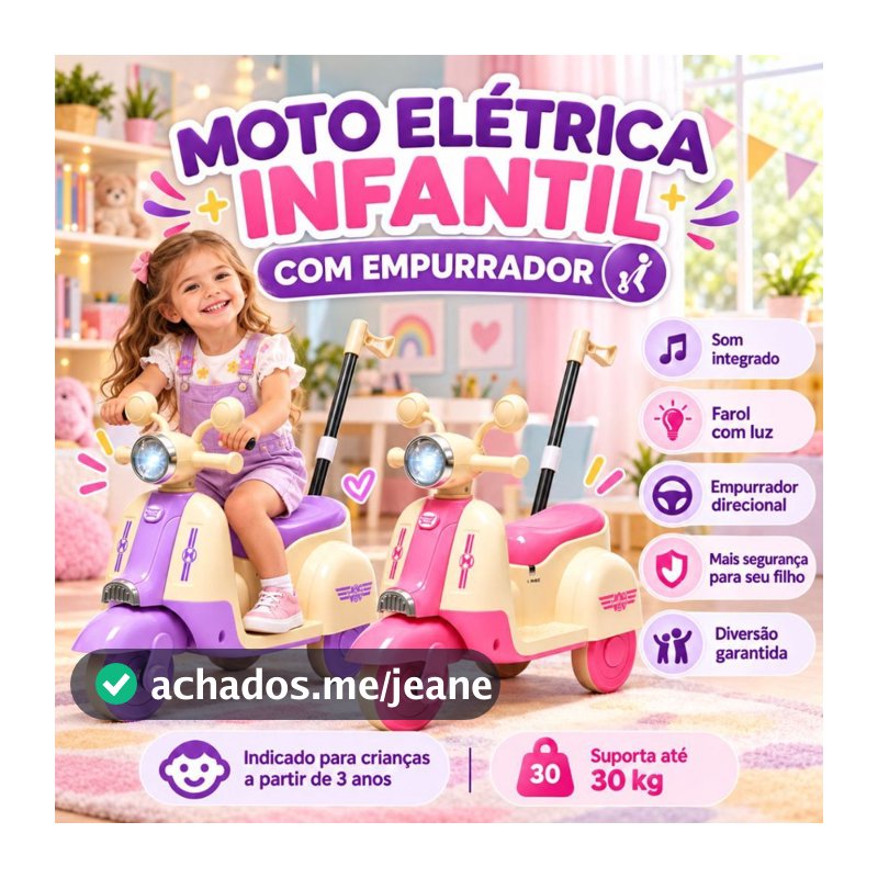 Mini Moto Elétrica Infantil Com Empurrador Farol Música USB Pedal Acelerador Crianças Meninas