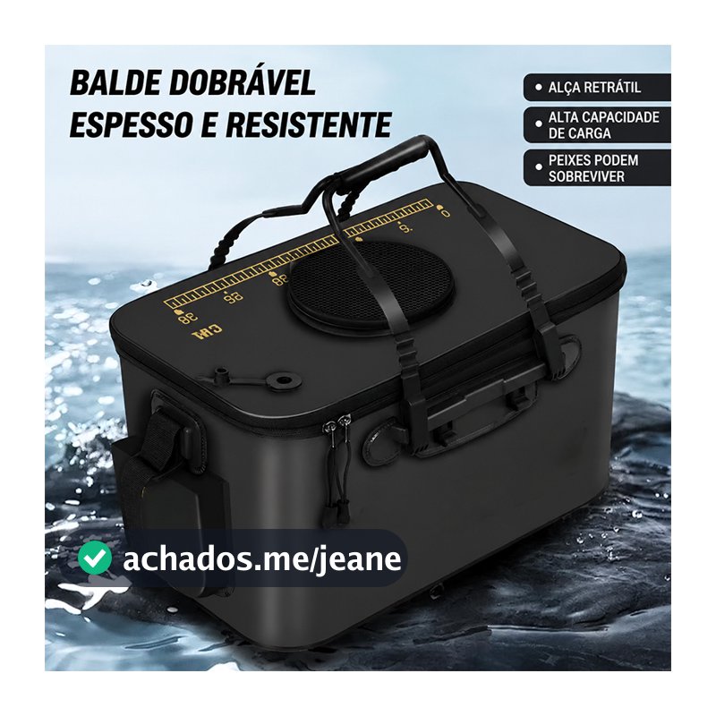 Balde dobrável para pesca de peixes vivos, tecido reforçado, alça retrátil e bolsos laterais para armazenamento