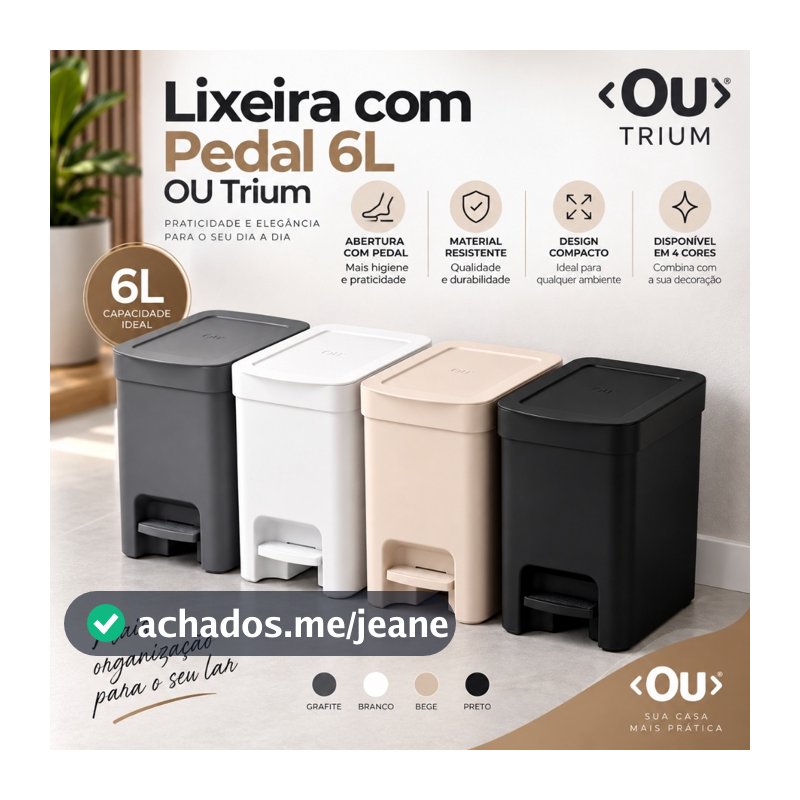 Lixeira com Pedal 6L OU Trium – Compacta, Moderna para Banheiro e Cozinha