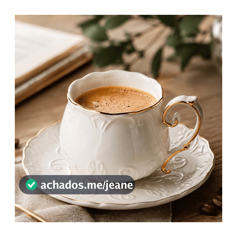 Jogo 4 Xícaras Chá Porcelana Branca com Ouro Relevo Arabesco Luxo Trabalhada Rêve Blanc 210ml