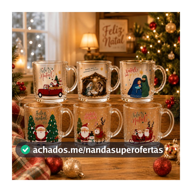 Kit Até 6 Canecas de Vidro Natal 320 ml Estampas Sortidas Festa