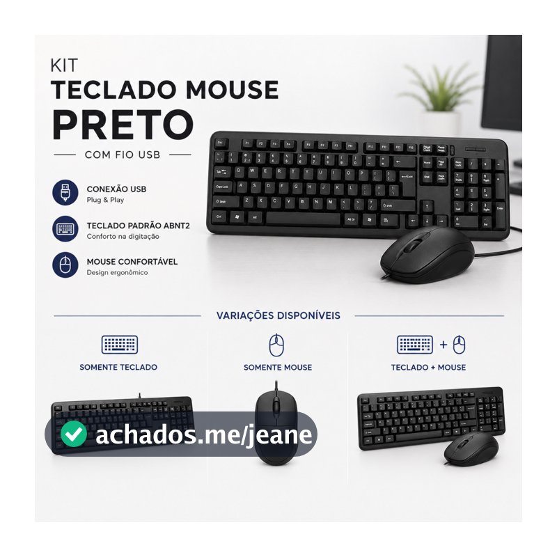 Teclado, Mouse ou Kit Teclado + Mouse USB Com Fio ABNT2 Ergonômico Preto para PC e Notebook