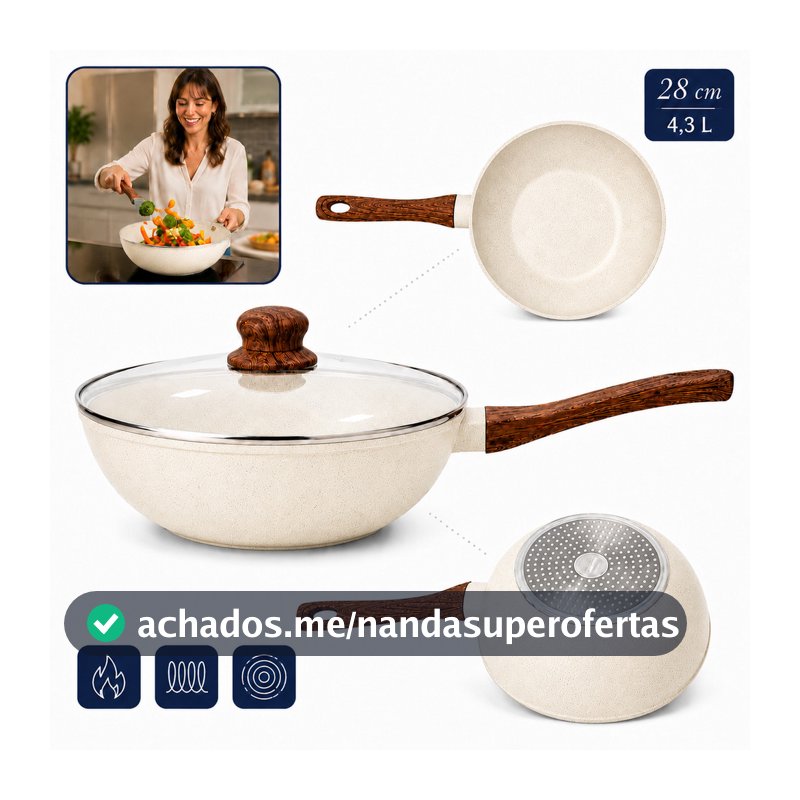 Frigideira Antiaderente Wok Em Cerâmica Grande Com Tampa Em Vidro Para Fogão De Indução Gás Tippi