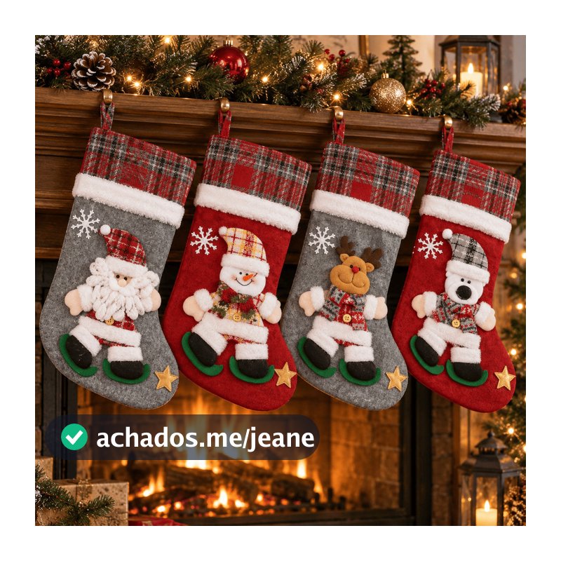 Meia de Natal 25x40cm Decorativa com Personagem Papai Noel Rena Urso Boneco de Neve