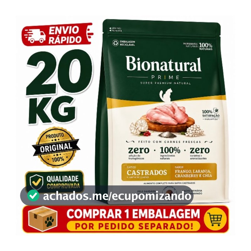 Ração Bionatural Prime Super Premium Gatos Castrados 20kg Frango Original Envio Rápido