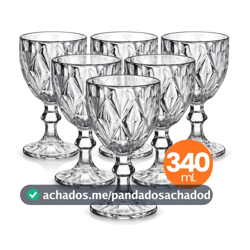 Jogo 6 Taças Vidro Diamond 340ml Conjunto Mesa Posta Água Suco Cozinha Decoração Presente