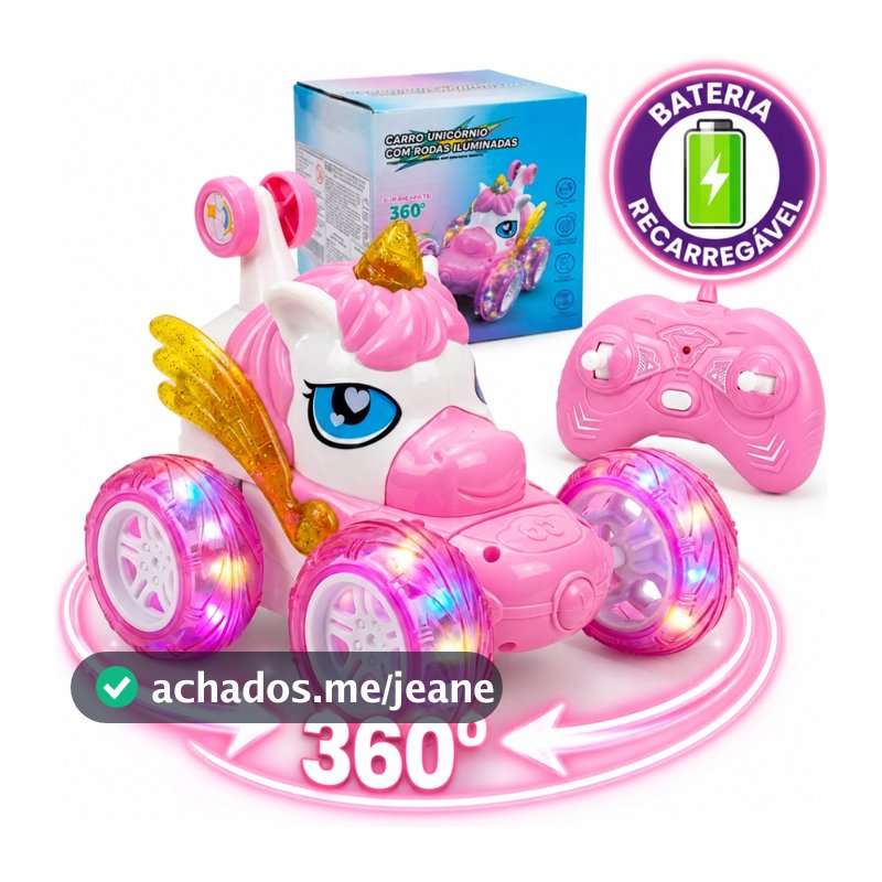 Carrinho de Controle Remoto Unicórnio Maluco Recarregável Luz LED 360 Menina