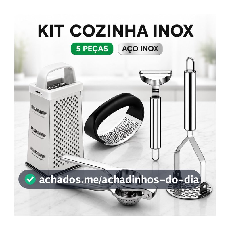 KIT 5 Peças Inox Cozinha | Amassador Batata e Alho, Descascador, Espremedor Limão e Ralador 4 Faces