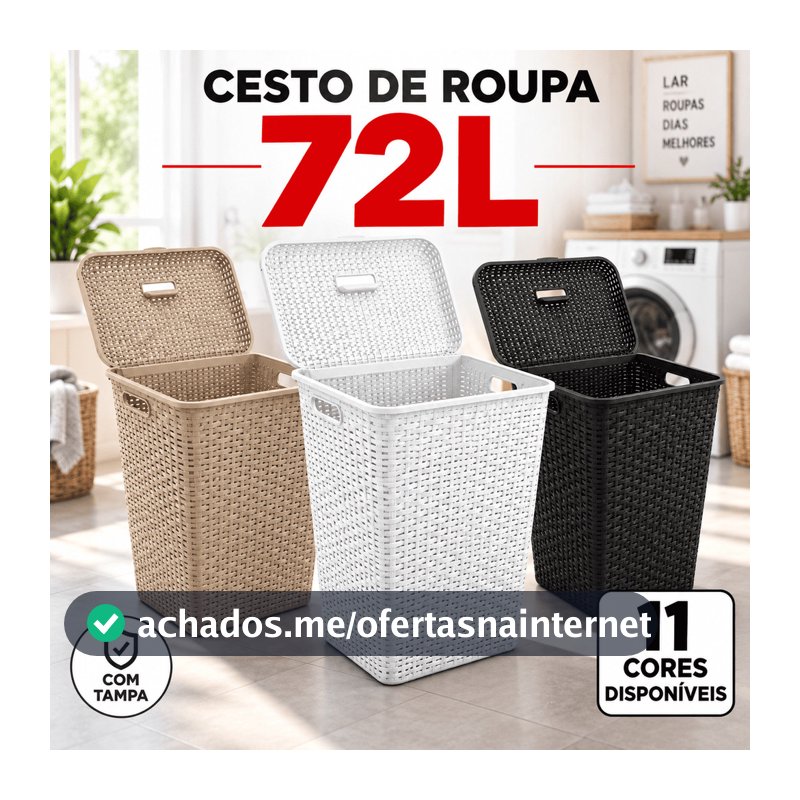 Roupeiro Cesto Roupa Suja 72L Rattan Gigante com Tampa e Alças Lavanderia Banheiro Quarto Família Resistente