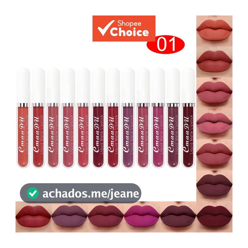 Conjunto de Batom Líquido Matte CmaaDU com 12 Cores, Brilho Labial à Prova d'Água de Longa Duração, Batom Aveludado Não