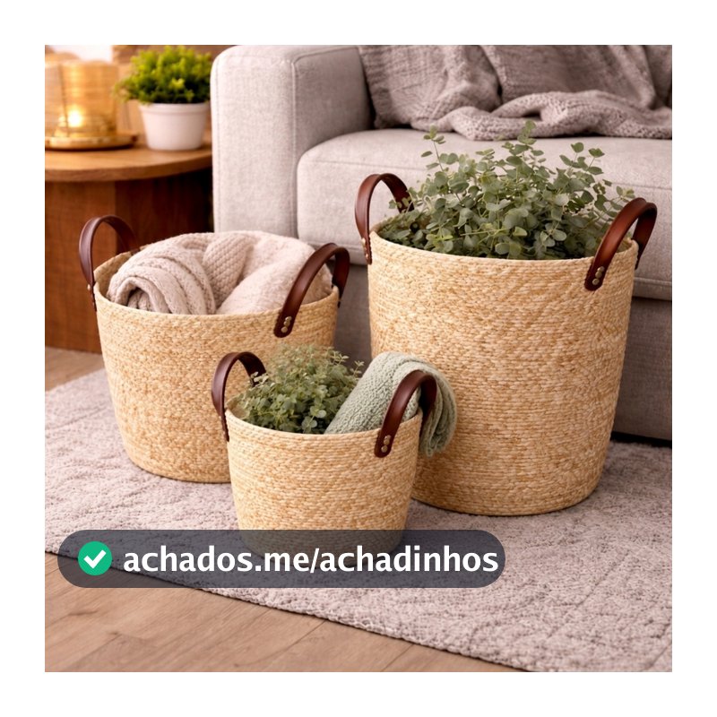 Cesto Organizador Fibra Natural com Alça 33x28cm Cor Moccá Decorativo Boho Multiuso
