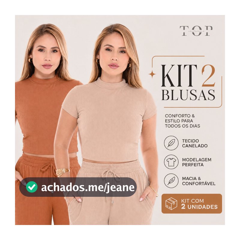 Kit 2 Blusas Cropped com Manga Curta e Gola Alta Malha Canelada