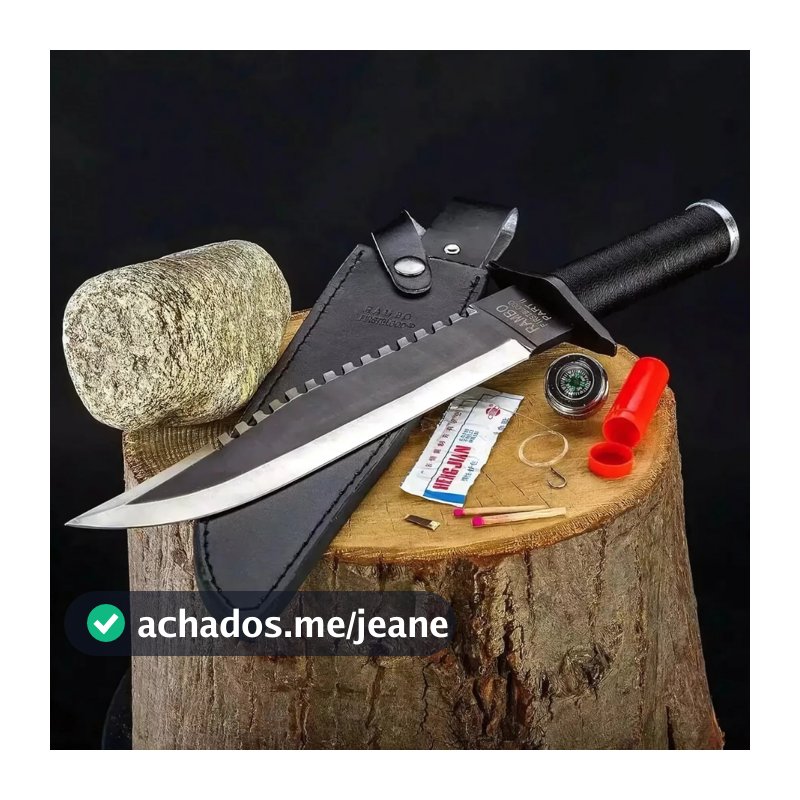 Faca Rambo 2 First Premium E Kit Sobrevivência + Bainha Couro Resistente  Sobrevivência Tática