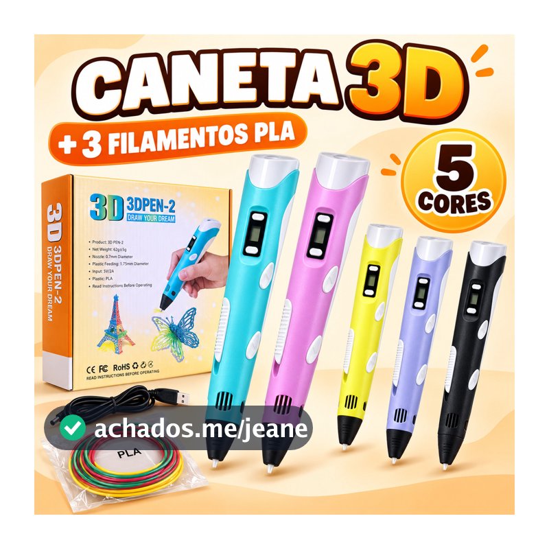 Caneta 3D Infantil com 3 Filamentos PLA 1,75mm para Desenho 3D DIY
