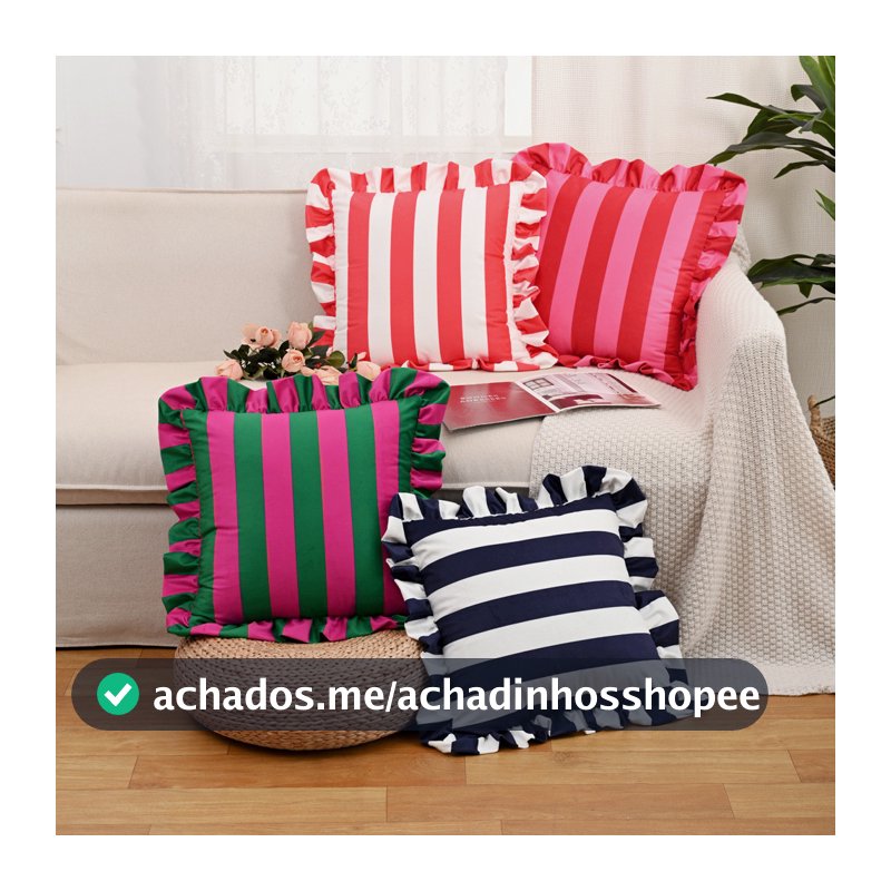 Capa Para Almofada 45x45 Veludo Listrada Com Babados Decorativa Para Sofá Sala E Cama Posta