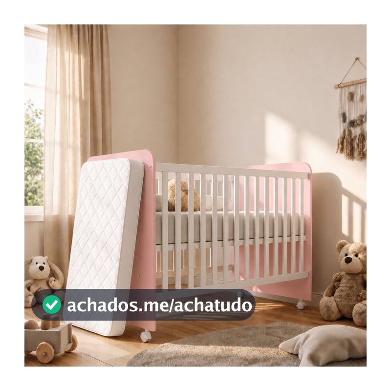 Berço Americano Rosa Colchão Incluso Rodízios Haste Mosquiteiro 110x60 cm Berço Infantil Bebê Menina