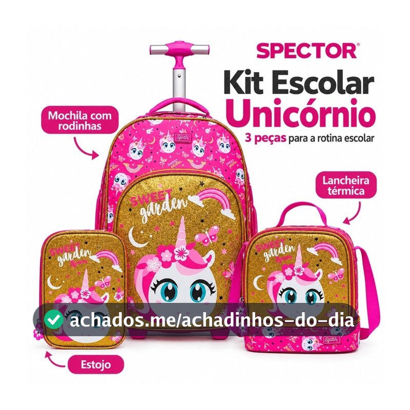 Spector Kit Completo Mochila Lancheira Estojo Rosa Escolar Unicórnio Menina Rodinhas