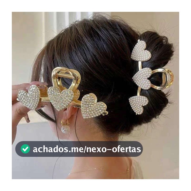 Piranha De Cabelo Metal Luxo 3 Coração Strass Brilho Presilha Grande Coreana Tendência