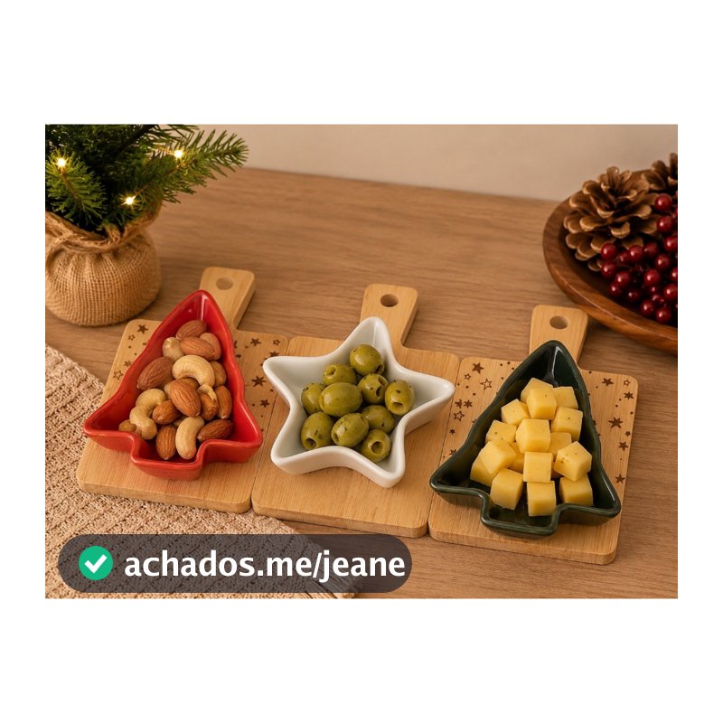 Kit Natal Cromus com 3 Petisqueiras Árvore e Estrela em Cerâmica com Tábua de Bambu