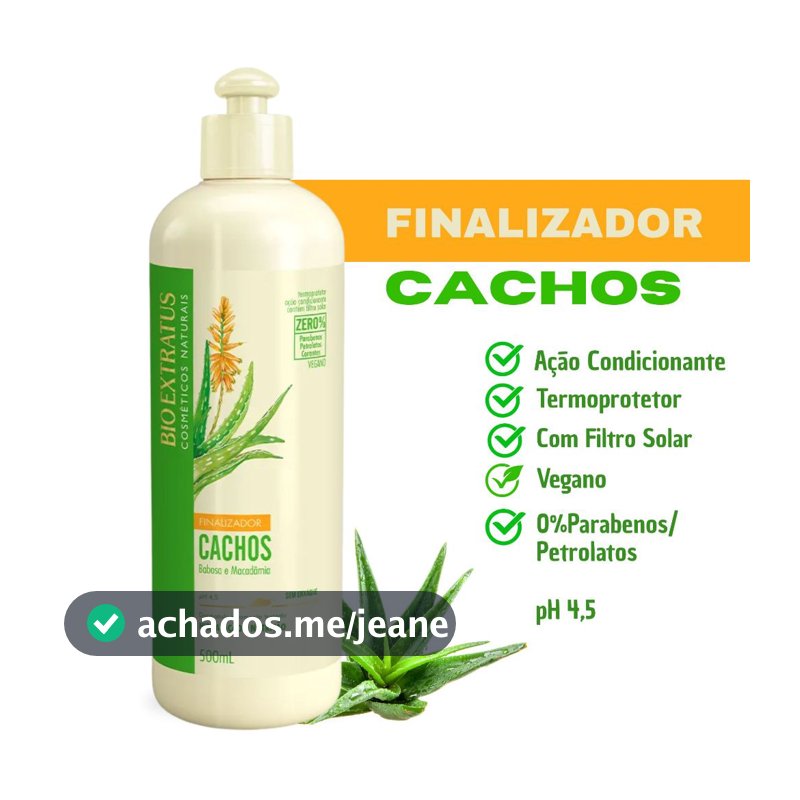 Finalizador Cachos BioExtratus 500ml Creme Pentear Babosa E Macadâmia Vegano C/Termoprotetor