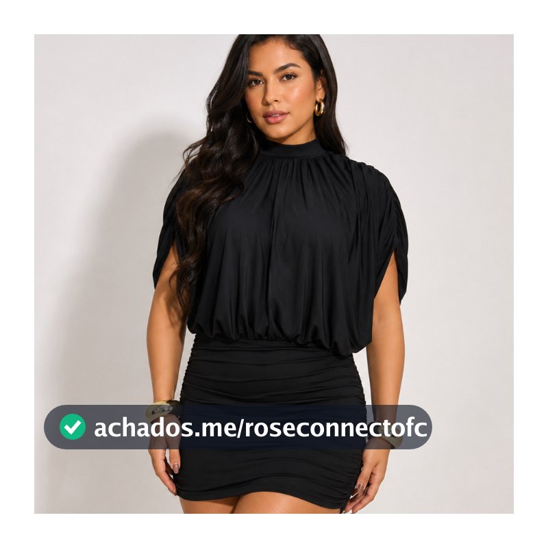 Vestido Feminino Curto Suplex Drapeado Gola Alta Manga Morcego Festa Balada