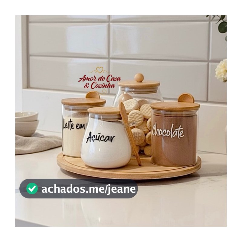 KIT 5 PEÇAS POTES E BANDEJA GIRATÓRIA DE BAMBU