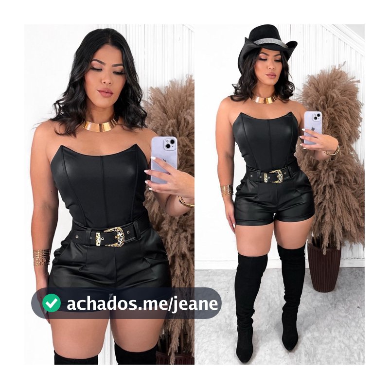 Conjunto Shorts couro eco com cinto De Fivela e Body tomara que caia Corselet em Cirre