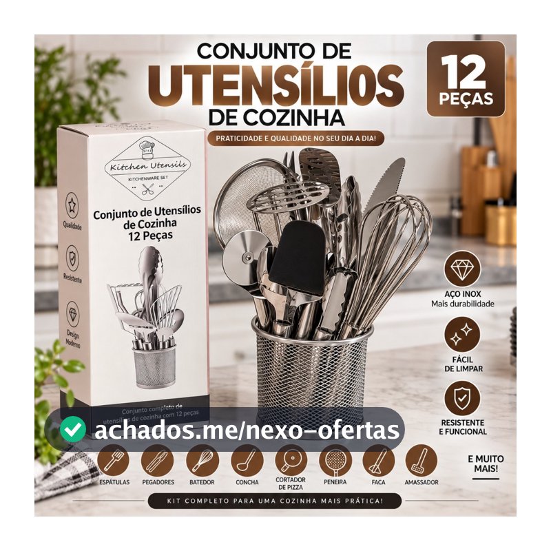 Kit 12 Utensílios de Cozinha Aço Inox – Acessórios Completos para o Dia a Dia