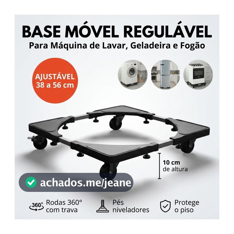 Base Ajustável Móvel 138kg para Geladeira, Fogão e Máquina de Lavar – Rodinhas com Freio em Alumínio